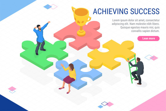 Banner achieving success. Flat isometric images of business people. Can be used for infographics, web banners. A puzzle isometric.