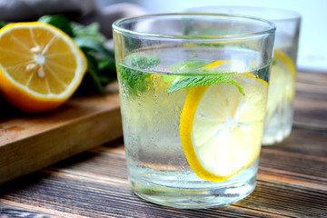 Cold refreshing lemonade with fresh mint and lemon in a glass Summer drink