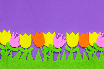 Abstract floral background of felt Easter tulip flowers of pink, purple and yellow on a plain background
