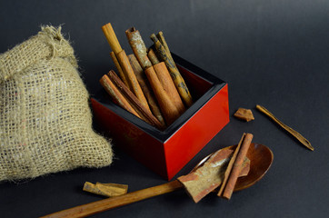 Cinamon stick in a red box on black background