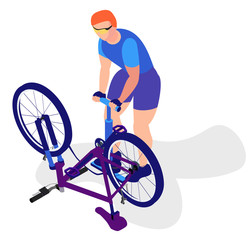 Man wheel up. Cyclist repair bicycle. Isometric illustration