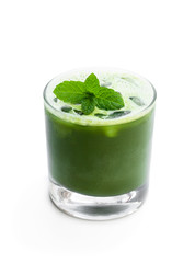 Homemade iced matcha latte tea isolated on white