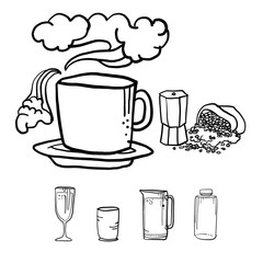 Coffee cup with kitchenware, drawing vector in doodle style