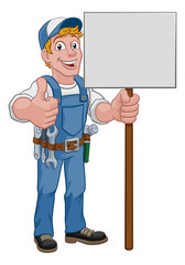 A handyman cartoon character caretaker construction man holding a sign and giving a thumbs up 