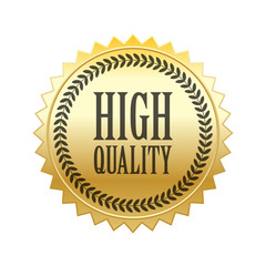 High quality word and circle laurel on circle jagged edge badge vector. Minimalist style, black and gradient gold color, glossy metallic texture.