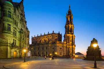 Fototapeta na wymiar Cathedral of the Holy Trinity and Dresden Castle in Saxony at night, Germany