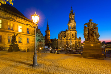 Fototapeta na wymiar Cathedral of the Holy Trinity and Dresden Castle in Saxony at night, Germany