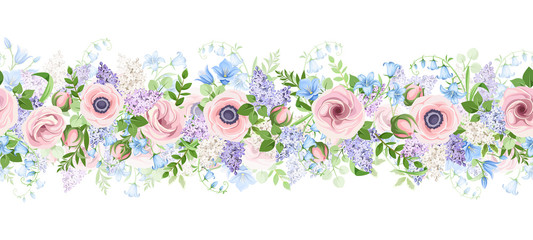 Vector horizontal seamless garland with pink, blue and purple flowers.