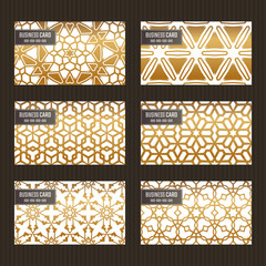 Business card set. Golden foil decorative elements. Eastern cards with ornamental patterns. Islamic, arabic, indian, turkish, pakistan, asian motifs. Vector illustration.