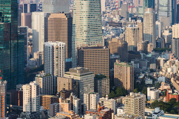 Obraz premium Panoramic aerial view on ultramodern busy capital city from a high skyscraper. Breathtaking cityscape seen on a summer day in Roppongi, Minato-ku district, Tokyo, Japan, Asia