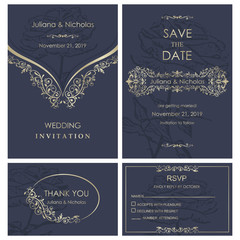 Wedding Invitation, with rsvp, save the date and thank you card baroque style blue and gold. Vintage  Pattern. Retro Victorian ornament. Frame with flowers elements. Vector illustration.