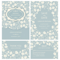 Wedding Invitation, with rsvp, save the date and thank you card baroque style blue and beige. Vintage  Pattern. Retro Victorian ornament. Frame with flowers elements. Vector illustration. - 264913674