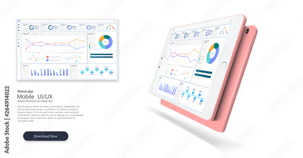 Poster web site template. infographic dashboard template with flat design graphs and charts. processing and