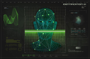 Concept of face scanning, radar screen searching. Futuristic biometric identification or recognition system of person. Face ID. Vector