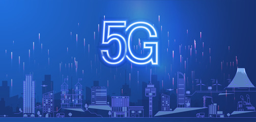 Smart city and wireless communication network,abstract image visual, internet of things. 5G concept of internet connection technology. 5G Design template neon sign, light banner, neon signboard.Vector