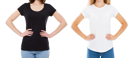 T-shirt design and people concept - close up of young two woman in shirt blank black and white tshirt isolated. Girl t shirt set mock up.