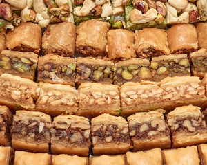 baklava and other tasty midle east sweets close up, strong bokeh
