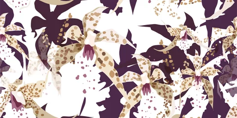 Wallpaper murals Orchidee Modern floral seamless pattern with orchids. Sketch of multi-colored flowers on a light background. Hand-drawn vector illustration. 