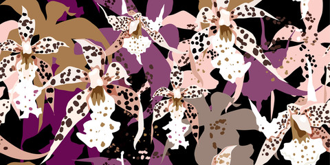 Brindled orchids on a purple background. Trendy floral seamless pattern. Hand-drawn vector illustratio