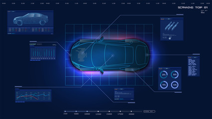 Top view of the car. Futuristic car service, scanning and auto data analysis. Car auto service, Modern design, diagnostic auto. Virtual graphical interface HUD GUI. Vector