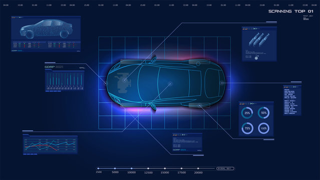 Top view of the car. Futuristic car service, scanning and auto data analysis. Car auto service, Modern design, diagnostic auto. Virtual graphical interface HUD GUI. Vector