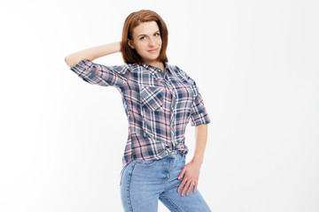 Portrait of happy young casual woman isolated on white background