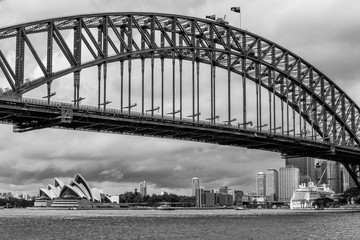 Black and white view of downtown Sydney seen from the amusement park area, New South Wales, Australia