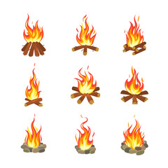 Cartoon bonfire. Tourist summer campfires flame, firewood torch fireplace burning stacked wood flat gaming design vector illustration