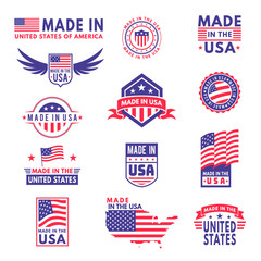 Made in usa. Flag made america american states flags product badge quality patriotic labels emblem star ribbon sticker, vector set