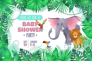 Tropical baby shower. Elephant lion in jungle, african young adorable wild animal and south palm tree leaves cartoon vector invitation