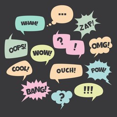 Speech bubble colorful set. Trendy pop art talk bubbles in flat design with short messages