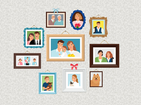 Family frames set. People portrait pictures, faces photoportraits on wall with kids and dog, wife and grandparents vector illustration
