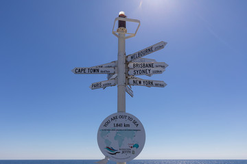 Busselton Jetty city tourist attraction signpost, Western Australia.