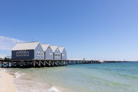 Boat Sheds on Busselton Jetty in Busselton, WA. Busselton Jetty is the second longest wooden jetty in the world at 1841 meters long.