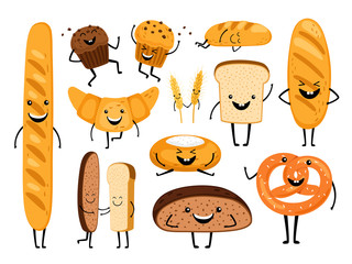 Bread characters. Funny tasty bakery pastries, cartoon happy breads faces character set, kawaii croissant and pastry, cute chocolate muffin and baguette expression vector illustration