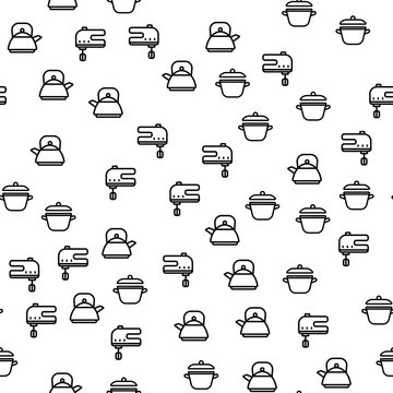 Kitchen Cooking Equipment Seamless Pattern Vector. Teapot, Saucepan With Lid And Electric Mixer Kitchen Techinque Monochrome Texture Icons. Collection Of Utensils Template Flat Illustration