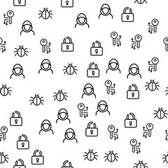 Cyber Hacker Activity Seamless Pattern Vector. Hacker, Bug, Open Lock And Key Monochrome Texture Icons. Computer System Virus Attack And Password Cracking Template Flat Illustration