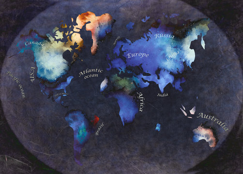 watercolor world map on dark background