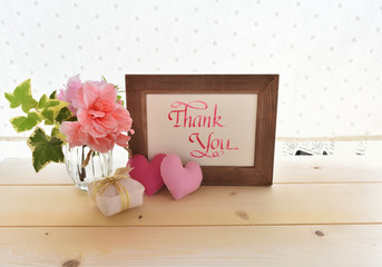 Pink Azalea in vase with handmade  a present ,flags, hearts ,and handwriting  calligraphy wooden...
