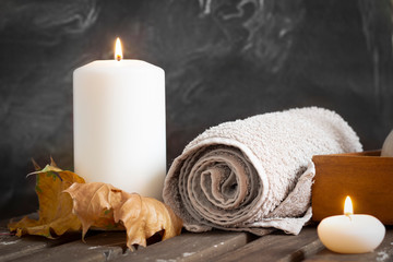 candles and towel in spa