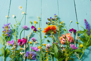 herbal and wildflowers on blue wooden table background