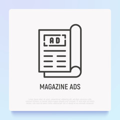 Magazine ad on front page thin line icon. Modern vector illustration.