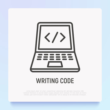 Writing code thin line icon: opened laptop with code. Modern vector illustration.