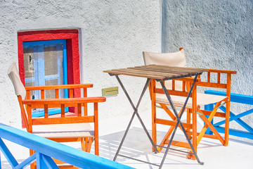 Travel Destinations. Traditional Greek Backyard in Oia Village in Santorini Island in Greece.