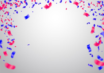 Confetti and red and blue ribbons and celebration background template, Happy birthday vector