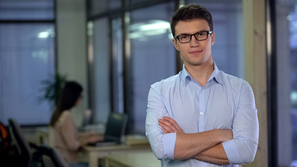 Confident young man posing on camera, applicant for vacancy, freelance job