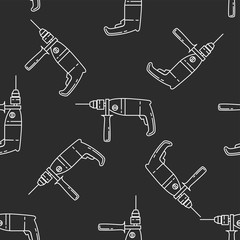 Drill isolated seamless pattern on dark gray almost black background. llustration on the theme of apartment renovation and tools for repair.