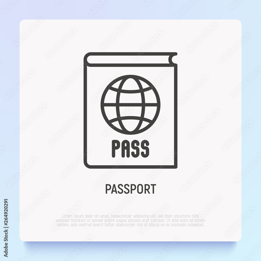 Poster passport with globe thin line icon. modern vector illustration of identification document.