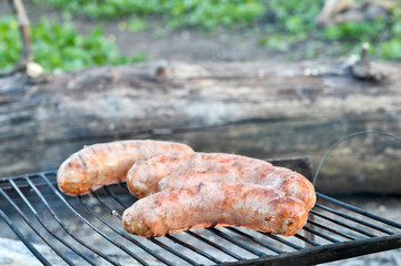 Pork sausages are roasted on the coals on the grill.
