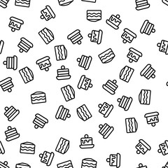 Bakery Sweet Cake Dessert Seamless Pattern Vector. Delicious Creamy Cake, Cupcake And Pastries Icons. Confectionery Product For Menu Cafe, Restaurant Or Shop Template Flat Illustration